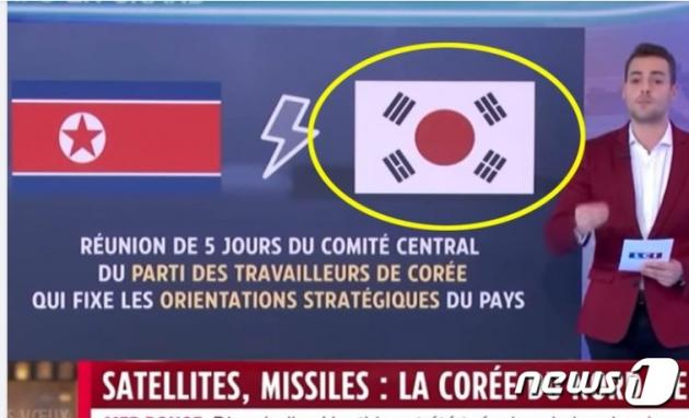 지난달 31일 프랑스 국제뉴스 채널인 LCI가 남북관계를 설명하면서 잘못 그려진 태극기를 내 보냈다. 태극문양이 들어가야할 자리에 일장기를 연상시키는 붉은 원을 집어 넣었다. (SNS 갈무리) ⓒ 뉴스1